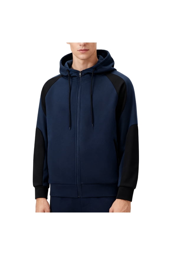 Men's Casual Hooded Zip-Up Sweatshirt with Contrast Panels and Pockets Modern Streetwear Jacket