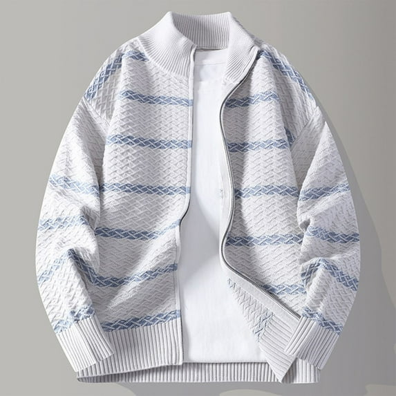 Donemore Men's Casual Knit Cardigan Solid Color Block Striped Stand Collar Zipper Front Hooded Long Sleeve Sweater Jacket with Pockets for Winter Outdoor Daily Wear