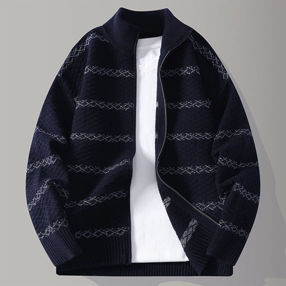 Donemore Men's Casual Knit Cardigan Solid Color Block Striped Stand Collar Zipper Front Hooded Long Sleeve Sweater Jacket with Pockets for Winter Outdoor Daily Wear
