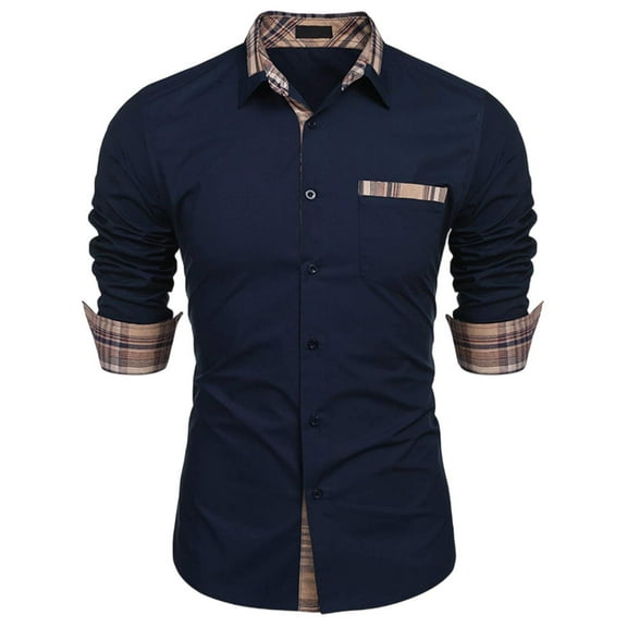 Donemore Men's Casual Long Sleeve Button-Down Collar Shirt T-Shirt Top with Color Block Design for Autumn Winter Comfortable Business Style
