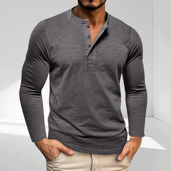 Donemore Men's Casual Long Sleeve Round Neck Half-Button Solid Color Shirt | Pure Color Minimalist Design Stylish Business Versatile Men's Apparel