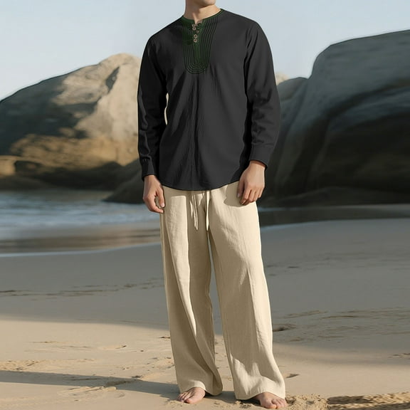 Donemore Men's Casual Long Sleeve Round Neck Two-Piece Set with Solid Color Pocket and Elastic Waistband Design for Daily Versatile Comfortable Outfit