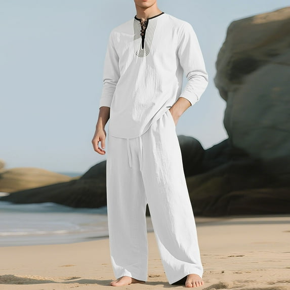 Donemore Men's Casual Long Sleeve Round Neck Two-Piece Set with Solid Color Pocket and Elastic Waistband Design for Daily Versatile Comfortable Outfit