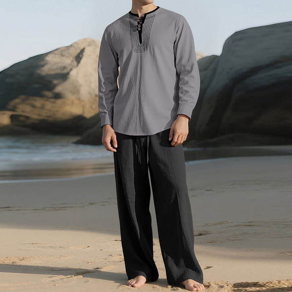 Donemore Men's Casual Long Sleeve Round Neck Two-Piece Set with Solid Color Pocket and Elastic Waistband Design for Daily Versatile Comfortable Outfit