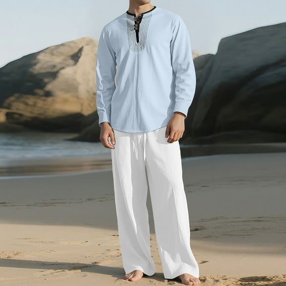 Donemore Men's Casual Long Sleeve Round Neck Two-Piece Set with Solid Color Pocket and Elastic Waistband Design for Daily Versatile Comfortable Outfit