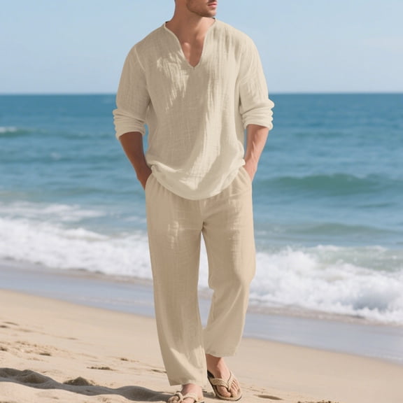 Donemore Men's Casual Long Sleeve V-Neck Solid Color Multi-Pocket Elastic Waist Two-Piece Set - Shirt & Top Coordinated Outfit with Comfortable Stretchable Design for Daily Wear