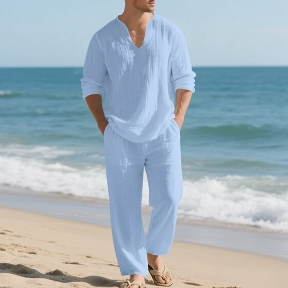 Donemore Men's Casual Long Sleeve V-Neck Solid Color Multi-Pocket Elastic Waist Two-Piece Set - Shirt & Top Coordinated Outfit with Comfortable Stretchable Design for Daily Wear