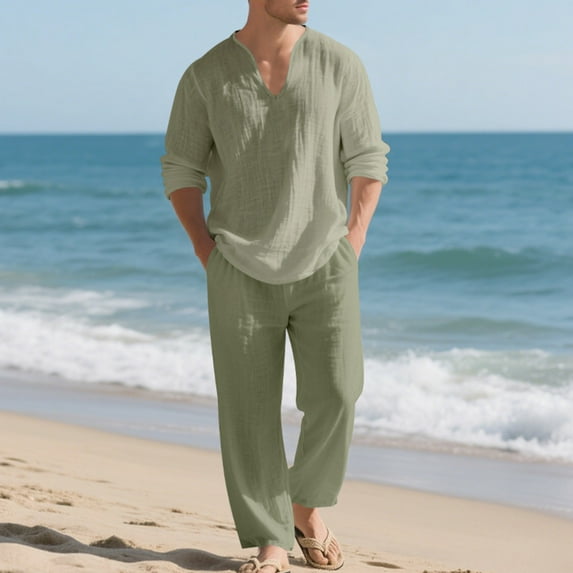 Donemore Men's Casual Long Sleeve V-Neck Solid Color Multi-Pocket Elastic Waist Two-Piece Set - Shirt & Top Coordinated Outfit with Comfortable Stretchable Design for Daily Wear