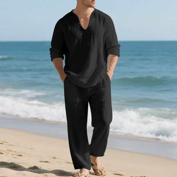 Donemore Men's Casual Long Sleeve V-Neck Solid Color Multi-Pocket Elastic Waist Two-Piece Set - Shirt & Top Coordinated Outfit with Comfortable Stretchable Design for Daily Wear