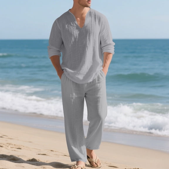 Donemore Men's Casual Long Sleeve V-Neck Solid Color Multi-Pocket Elastic Waist Two-Piece Set - Shirt & Top Coordinated Outfit with Comfortable Stretchable Design for Daily Wear