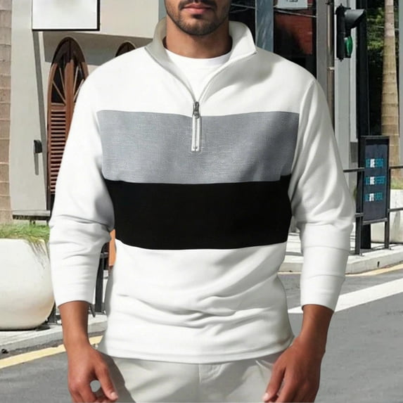 Donemore Men's Casual Long Sleeved Shirt Standing Collar Half Zipper Top Color Blocked Men's Top