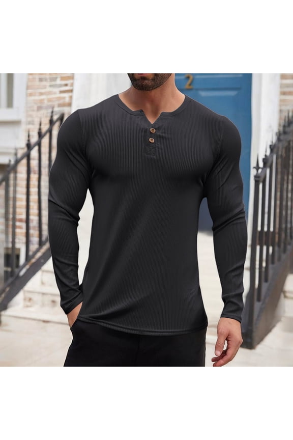Men's Casual Ribbed Button Front T-Shirt Soft Stretch Polyester Spandex Round Neck Long Sleeve Solid Color Knit Top