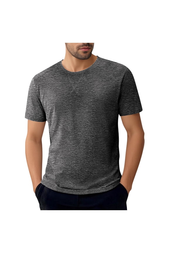 Men's Casual Short Sleeve Shirt Round Neck Crossover Design Pure Color Modern Fit