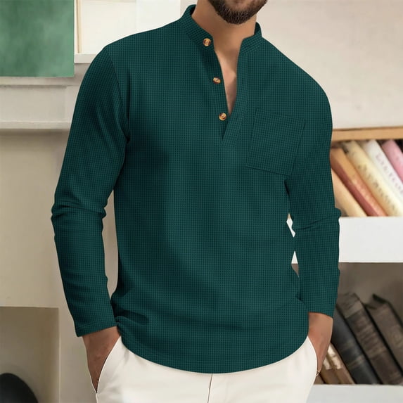 Donemore Men's Casual Solid Color Button-Up Long Sleeve Stand Collar Shirt Business Casual Stylish Top Comfortable Fit Simple Design