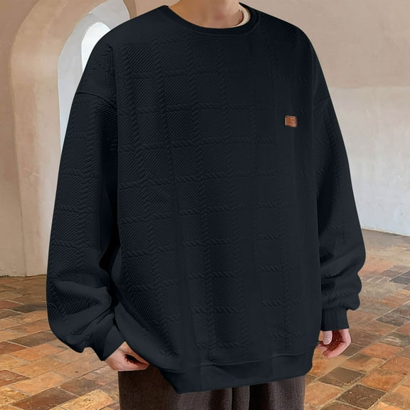 Donemore Men's Casual Solid Color Jacquard Long Sleeve Shirt with Round Neckline Breathable Comfortable Design for Daily Wear