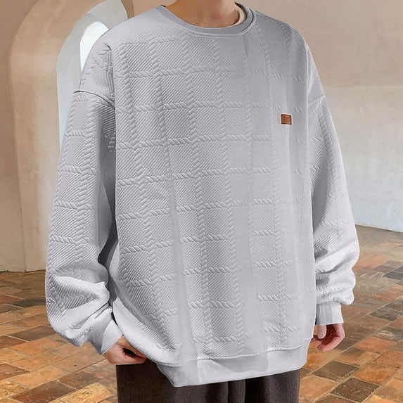 Donemore Men's Casual Solid Color Jacquard Long Sleeve Shirt with Round Neckline Breathable Comfortable Design for Daily Wear