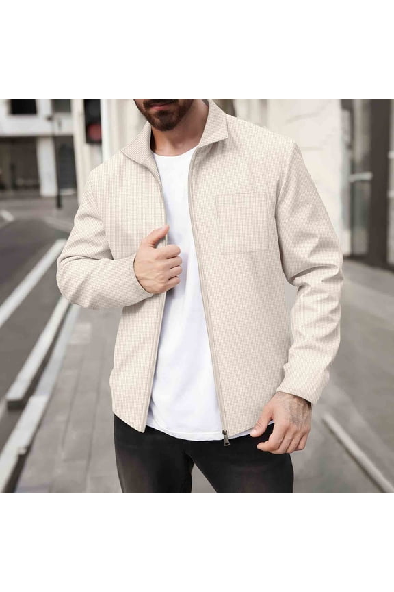 Men's Casual Solid Color Lapel Zipper Pocket Cardigan Jacket Long Sleeve No Hood Simple Versatile Business Style Coat