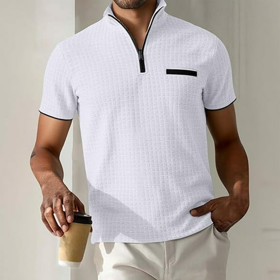 Donemore Men's Casual Solid Color Stand Collar Zipper Short Sleeve T-Shirt, Summer Fashion Minimalist Top, Versatile Comfortable Breathable Men's Shirt