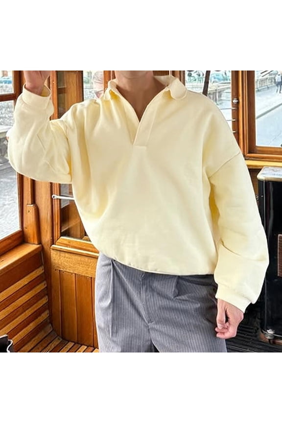 Men's Casual Solid Color Turn-Down Collar Long Sleeve Sweatshirt Shirt Top, Simple Versatile Comfortable Design, Trendy Urban Style Men's Clothing