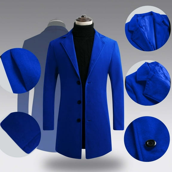 Donemore Men's Casual Solid Wool Trench Coat Single-Breasted Button Long Sleeve with Pockets Classic Minimalist Business Overcoat