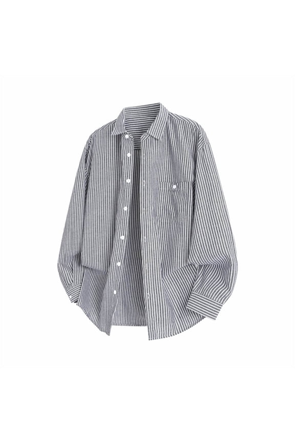 Men's Casual Striped Print Lapel Button Long Sleeve Multi-Pocket Jacket / Trendy Utility Design Comfortable Versatile Men's Outerwear