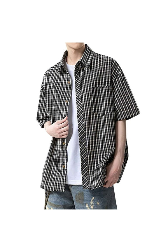 Men's Check Lapel Short Sleeve Shirt Button Placket Design Front Chest Pocket Casual Business Versatile Men's Wear