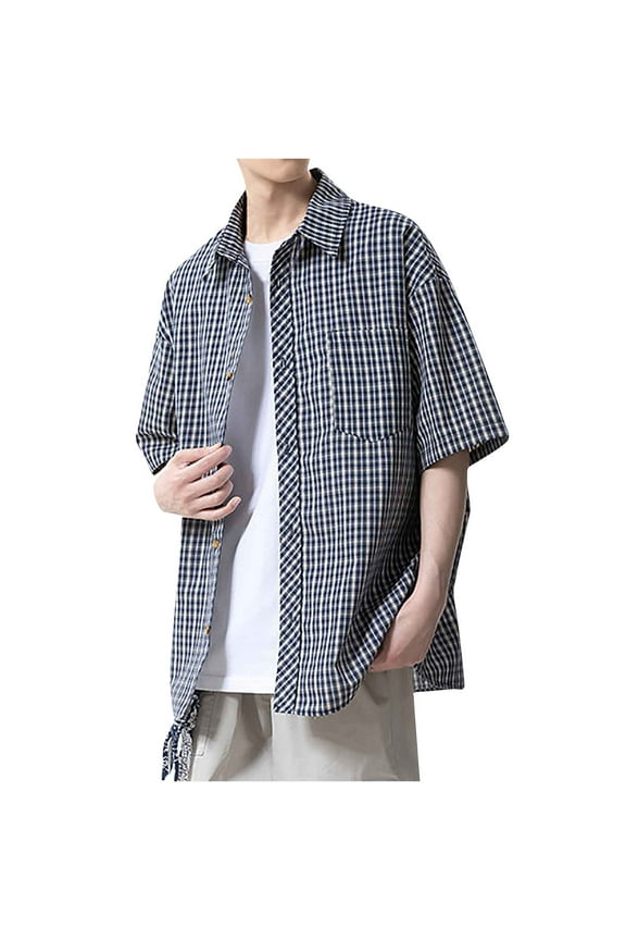 Men's Check Lapel Short Sleeve Shirt Button Placket Design Front Chest Pocket Casual Business Versatile Men's Wear