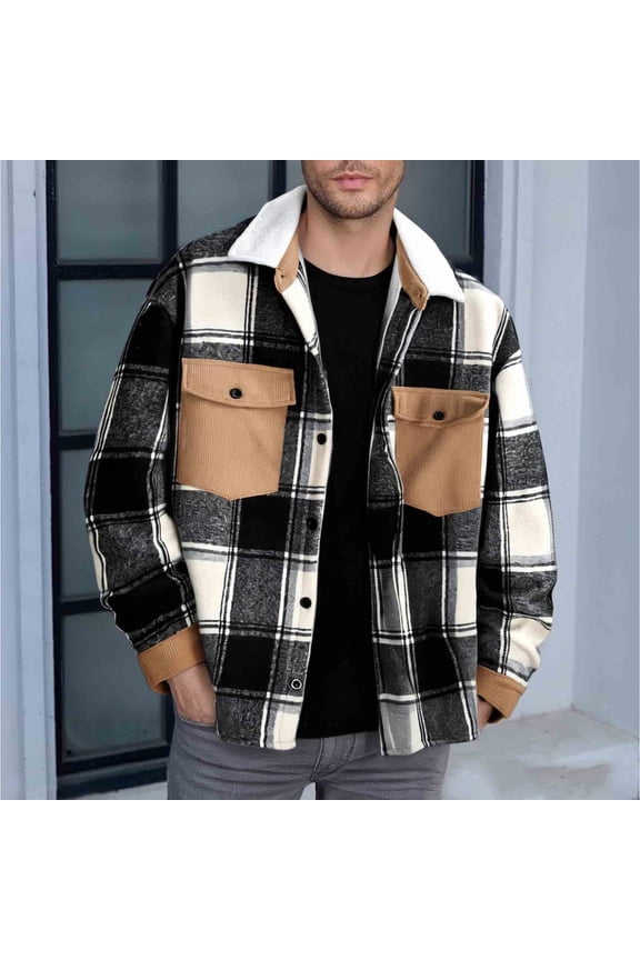Men's Checkered Fleece Coat Loose Fit Button-Down Collar Long Sleeve Pocket Jacket Fall Winter Casual