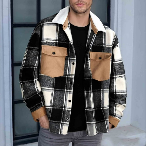 Donemore Men's Checkered Fleece Coat Loose Fit Button-Down Collar Long Sleeve Pocket Jacket Fall Winter Casual