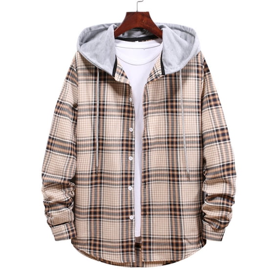 Donemore Men's Checkered Print Hooded Casual Jacket - Relaxed Fit Long Sleeve Button Front Drawstring Design Fashionable Outerwear