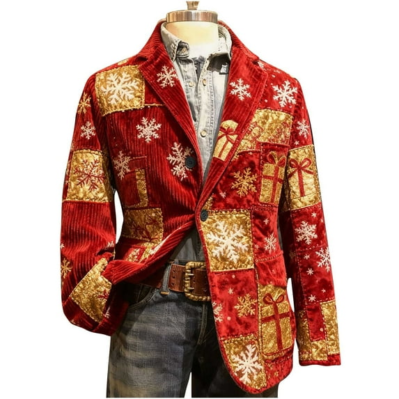 Donemore Men's Christmas Corduroy Jacket Color-Blocked Notched Lapels Long Sleeve Blazer with Pockets Ugly Christmas Coat