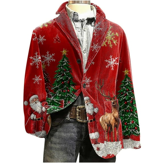 Donemore Men's Christmas Corduroy Jacket Color-Blocked Notched Lapels Long Sleeve Blazer with Pockets Ugly Christmas Coat