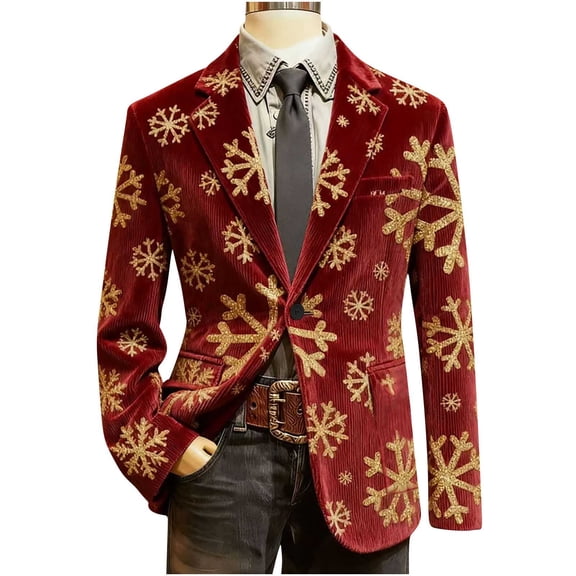 Donemore Men's Christmas Corduroy Jacket Color-Blocked Notched Lapels Long Sleeve Blazer with Pockets Ugly Christmas Coat