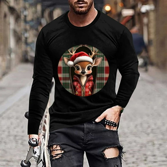 Donemore Men's Christmas Reindeer Print Casual Long Sleeve Shirt Soft Polyester-Cotton Blend Loose Fit Top for Holiday & Daily Wear