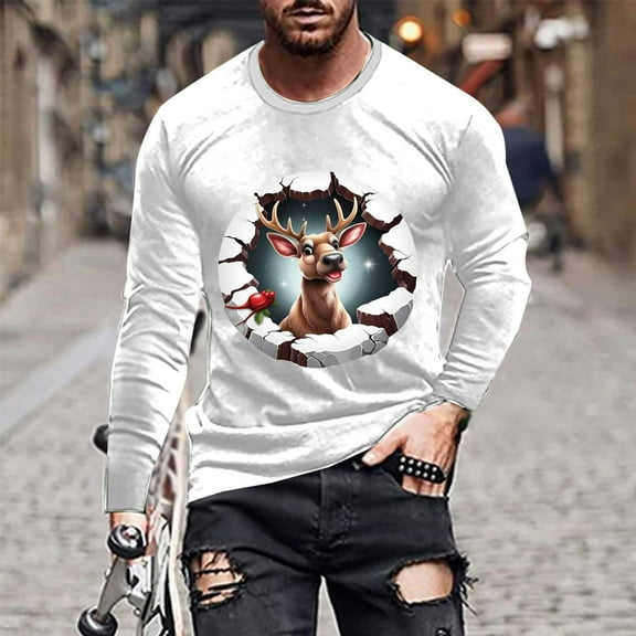 Donemore Men's Christmas Reindeer Print Casual Long Sleeve Shirt Soft Polyester-Cotton Blend Loose Fit Top for Holiday & Daily Wear