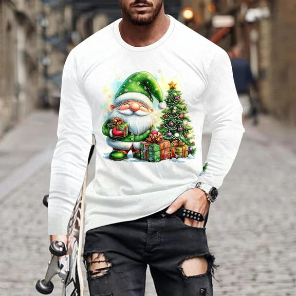 Donemore Men's Christmas Themed Print Round Neck Pullover T-Shirt Long Sleeve Casual Top with Soft Comfortable Fabric for Holiday Season Outfits