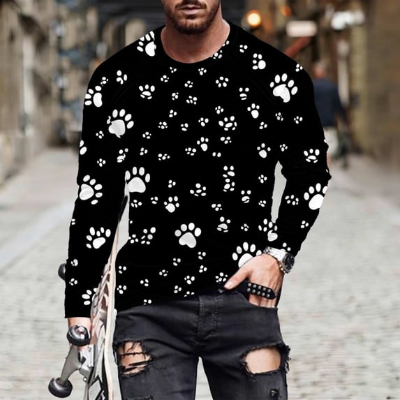 Donemore Men's Claw Print Long Sleeve Round Neck Pullover T-Shirt Casual Comfort Fit Soft Stretchy Fabric