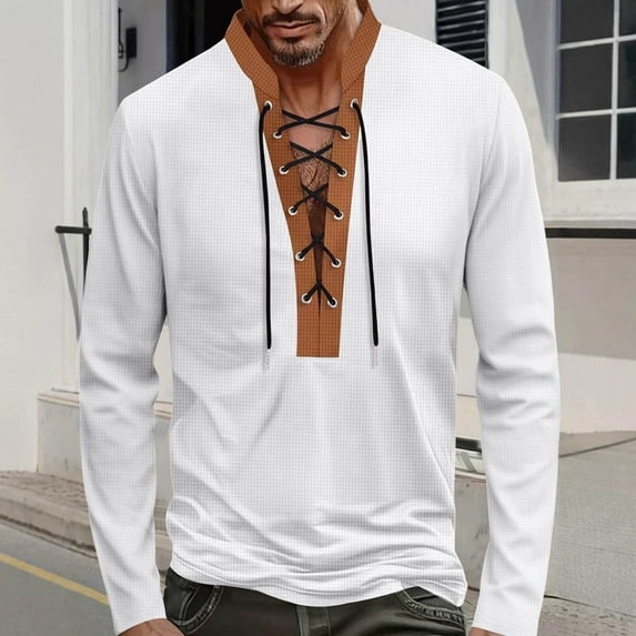 Donemore Men's Color Blocked Long Sleeved Stand Up Collar Brown Patchwork Drawstring Style Pullover T-shirt Top