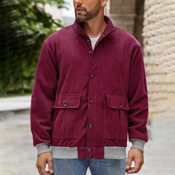 Donemore Men's Corduroy Button-Up Jacket Casual Loose Fit Long Sleeve Stand Collar Coat with Chest Pockets