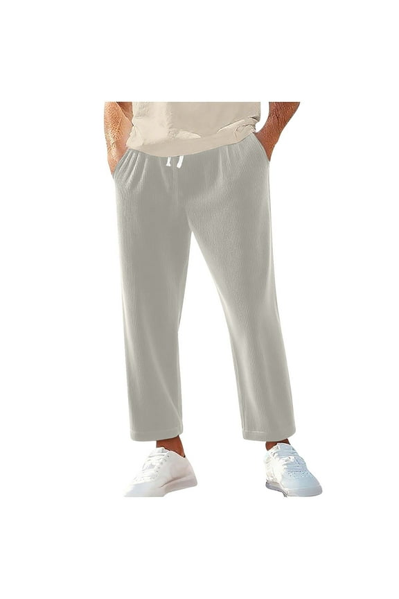 Men's Corduroy Straight-Leg Pants with Multiple Pockets, Drawstring Elastic Waist and Cuffed Hem - Casual Versatile Everyday Bottoms