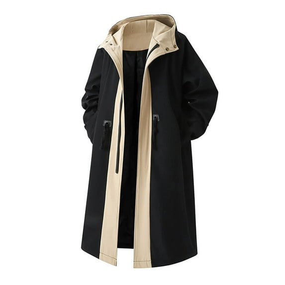 Donemore Men's Cotton-Filled Windbreaker Jacket with Color Block Belt, Hooded Long Sleeve Zip-Front Mid-Length Coat for Outdoor Casual Wear