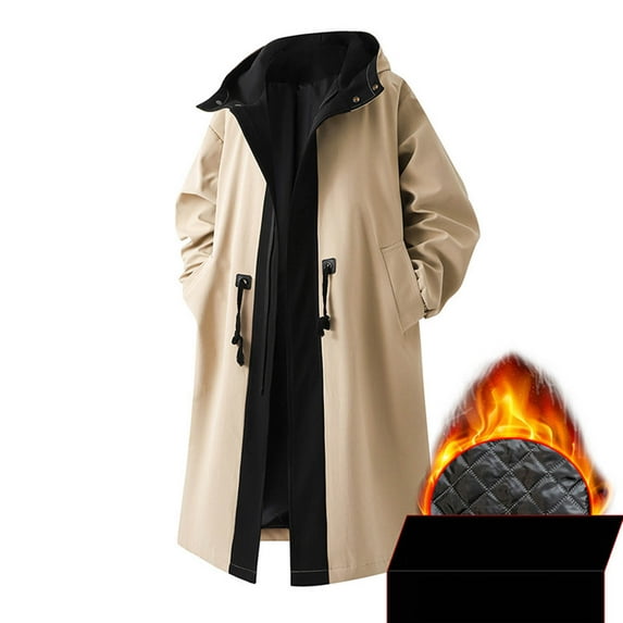 Donemore Men's Cotton-Filled Windbreaker Jacket with Color Block Belt, Hooded Long Sleeve Zip-Front Mid-Length Coat for Outdoor Casual Wear