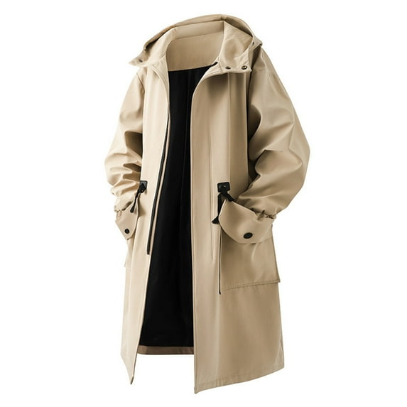 Donemore Men's Cotton-Filled Windbreaker Jacket with Color Block Belt, Hooded Long Sleeve Zip-Front Mid-Length Coat for Outdoor Casual Wear