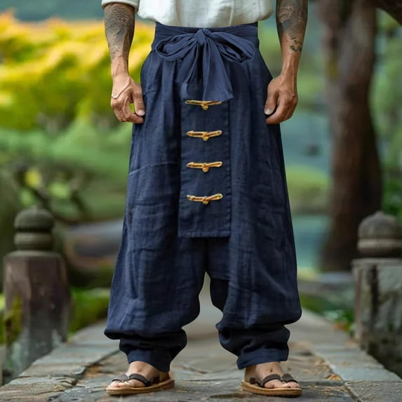 Donemore Men's Cuffed Wide-Leg Pants with Elastic Waist, Drawstring & Adjustable Ties - Casual Multi-Pocket Utility Style