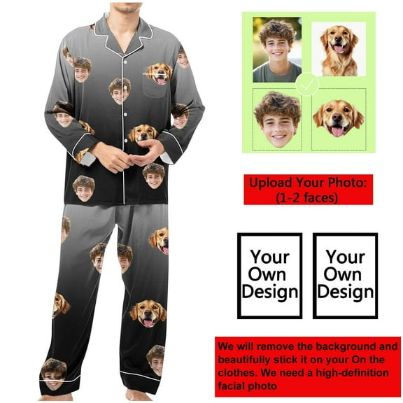 Donemore Men's Custom Printed Pajama Set Button-Up Lapel Collar Gradient Long Sleeve with Pockets