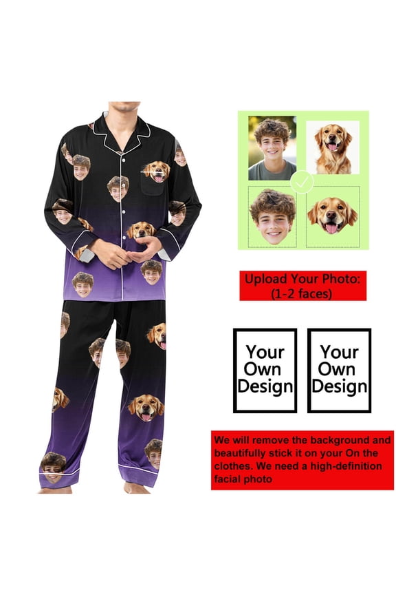 Men's Custom Printed Pajama Set Button-Up Lapel Collar Gradient Long Sleeve with Pockets
