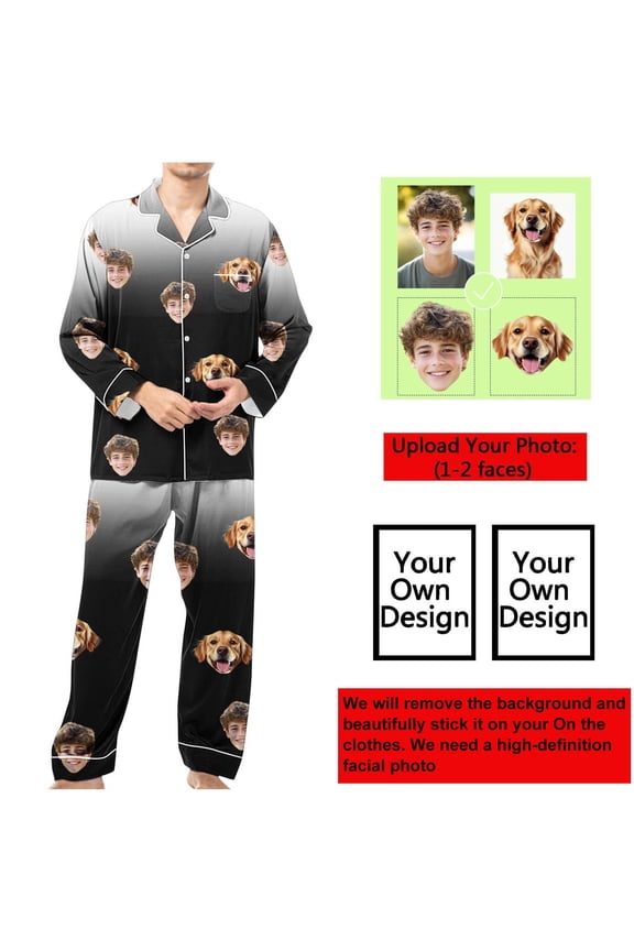 Men's Custom Printed Pajama Set Button-Up Lapel Collar Gradient Long Sleeve with Pockets