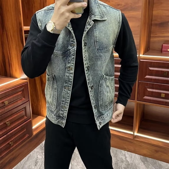 Donemore Men's Distressed Denim Jacket Single-Breasted & Lapel Pockets Coat with Metallic Buttons American Retro Workwear Style.