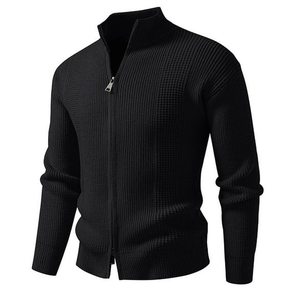 Donemore Men's Elastic Knit Cardigan Zipper Front High Neck Solid Color Casual Sweater Jacket