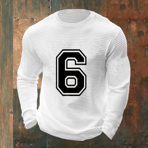 Donemore Men's Elastic Waffle Knit Long Sleeve Round Neck Top with Print for Fitness and Home Loungewear